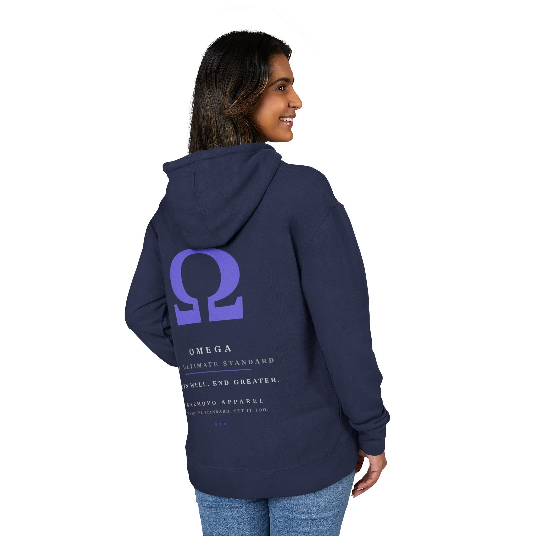 "OMEGA - Begin and End Greater" typographic hoodie | Inspirational text back print