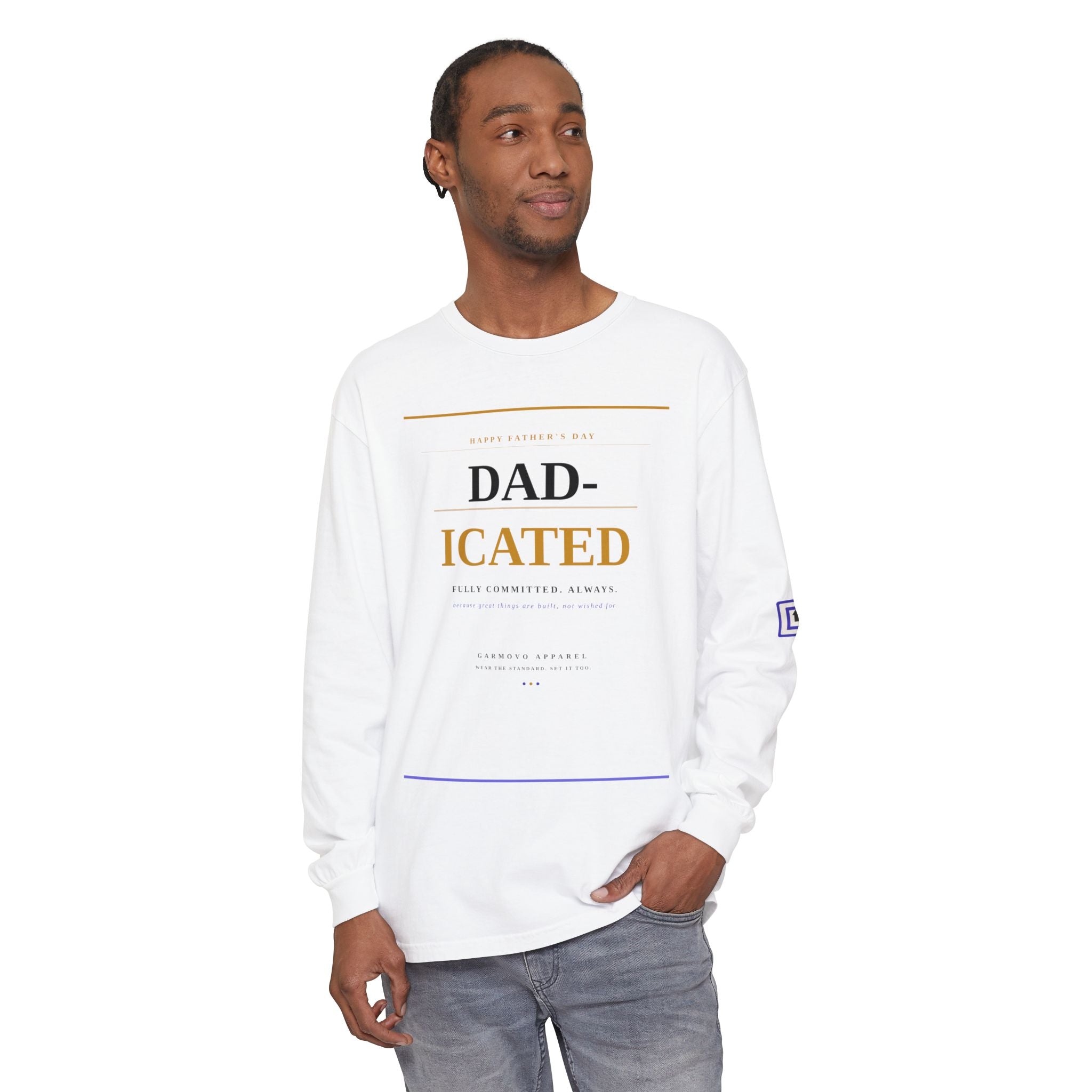 Long Sleeve Tee — 'DAD-ICATED' Graphic Father's Day Shirt