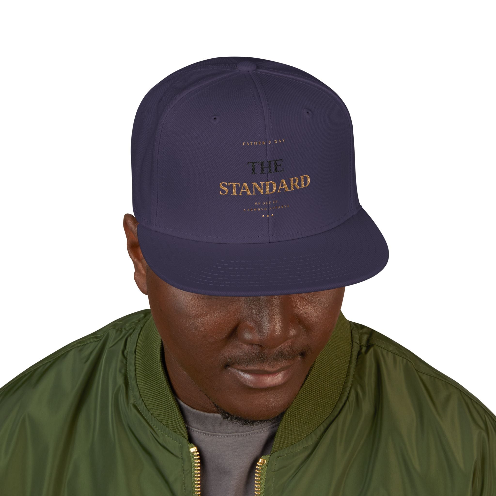Embroidered Snapback Fathers Day Cap — "The Standard" Minimal Gold Text