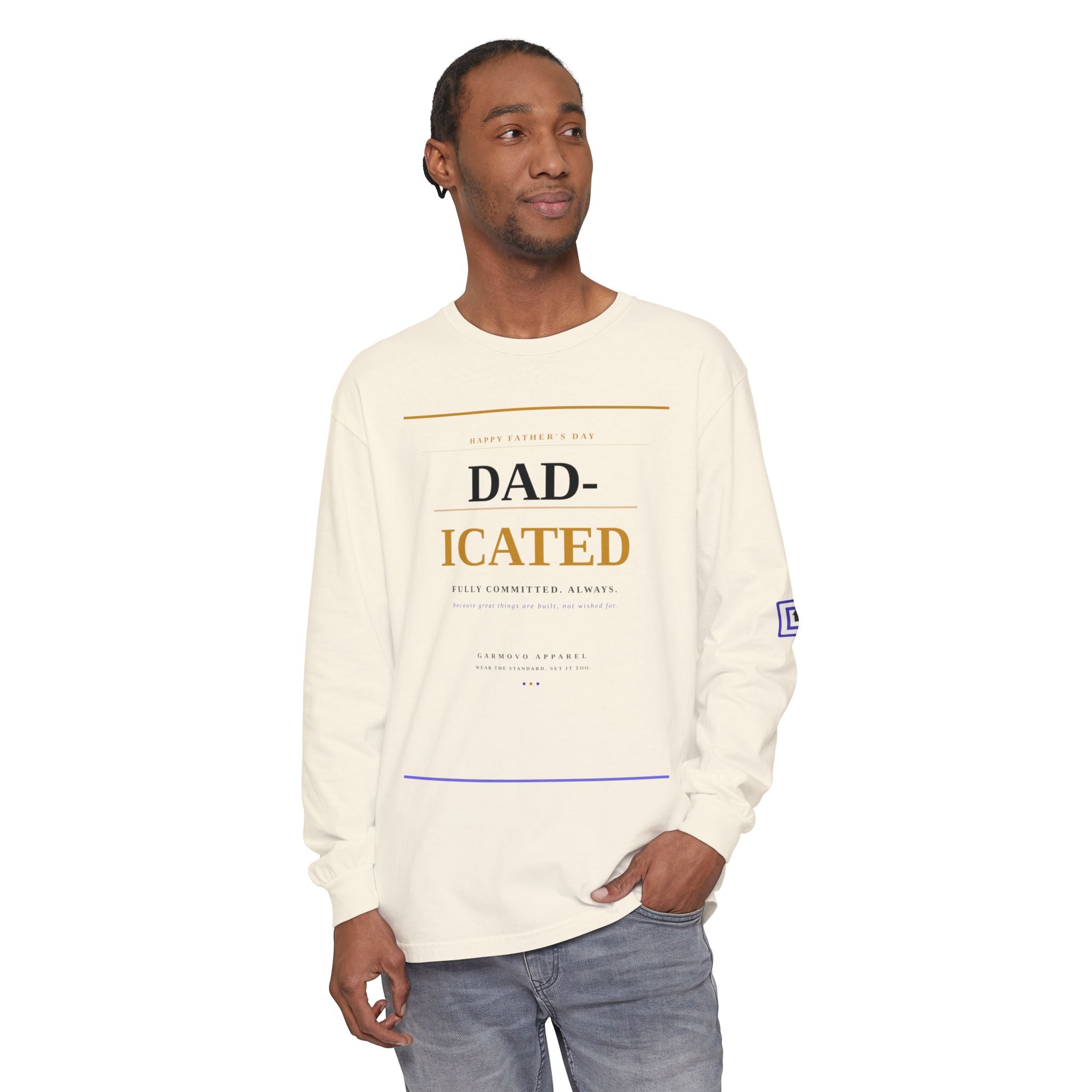 Long Sleeve Tee — 'DAD-ICATED' Graphic Father's Day Shirt