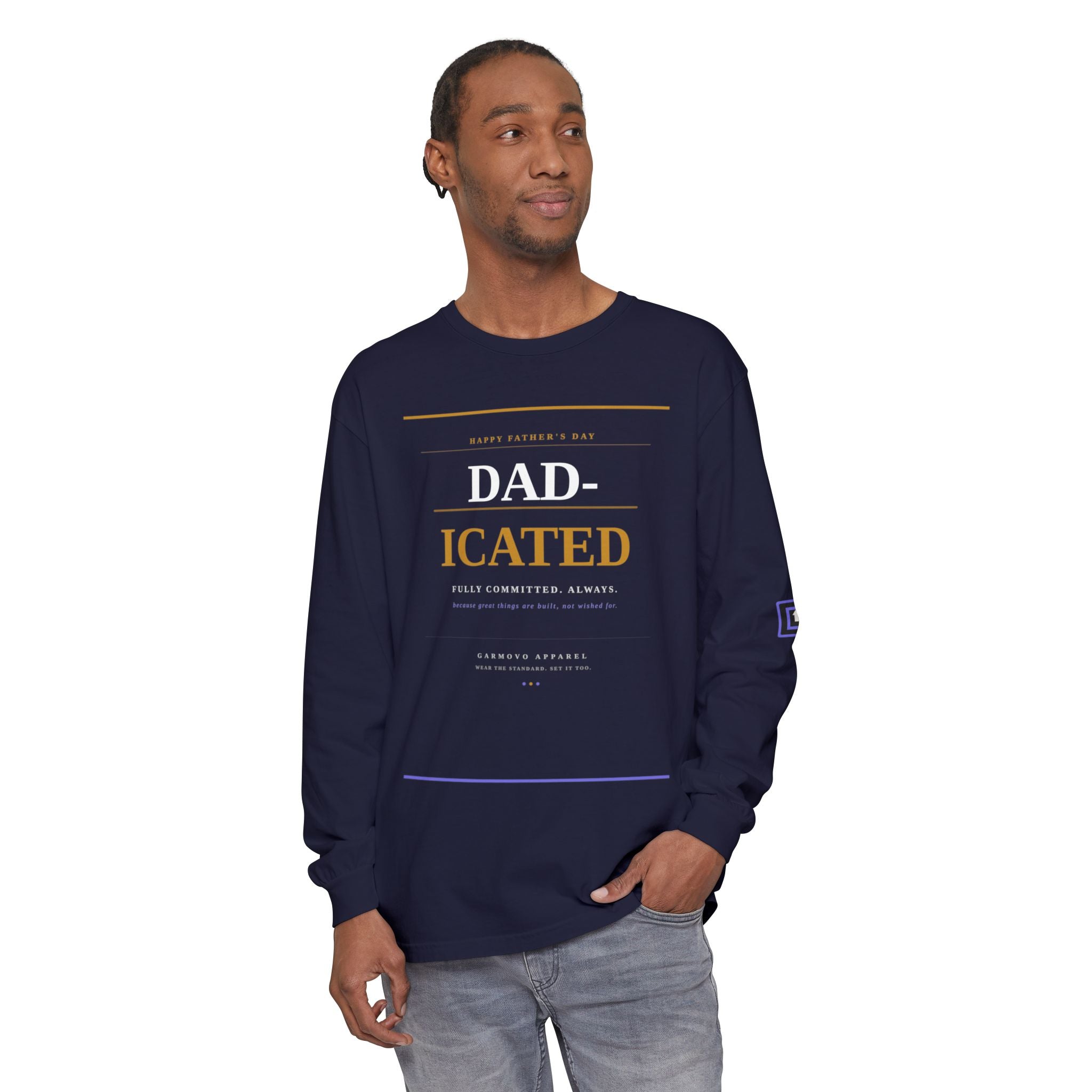 "Dad-icated" Long Sleeve Tee — 'DAD-ICATED' Graphic Father's Day Shirt