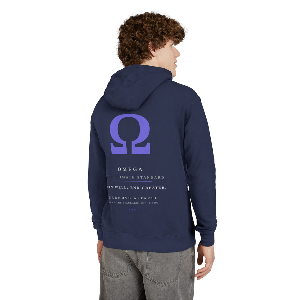 "OMEGA - Begin and End Greater" typographic hoodie | Inspirational text back print