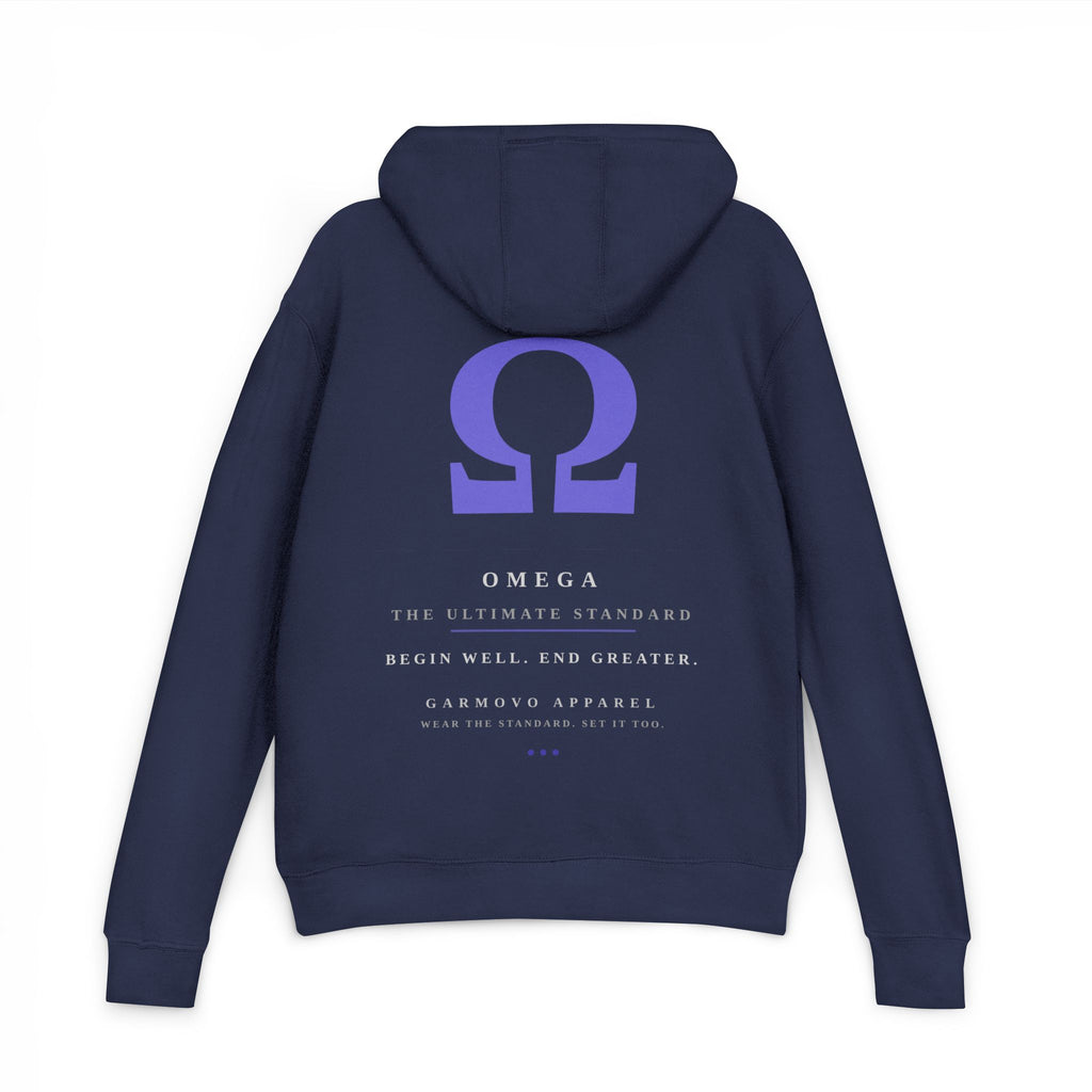 "OMEGA - Begin and End Greater" typographic hoodie | Inspirational text back print