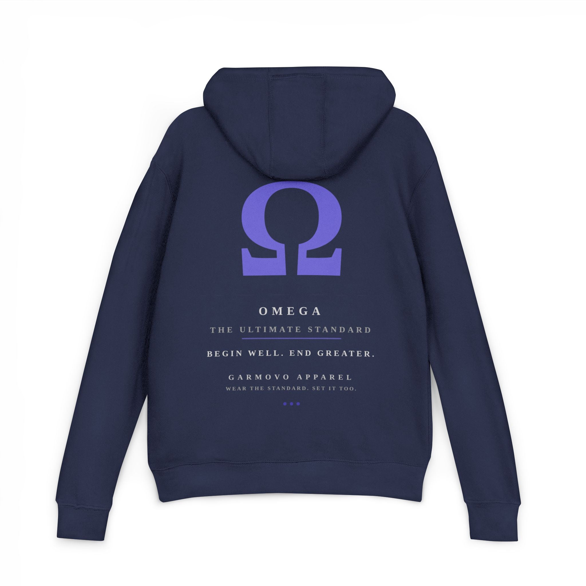 "OMEGA - Begin and End Greater" typographic hoodie | Inspirational text back print