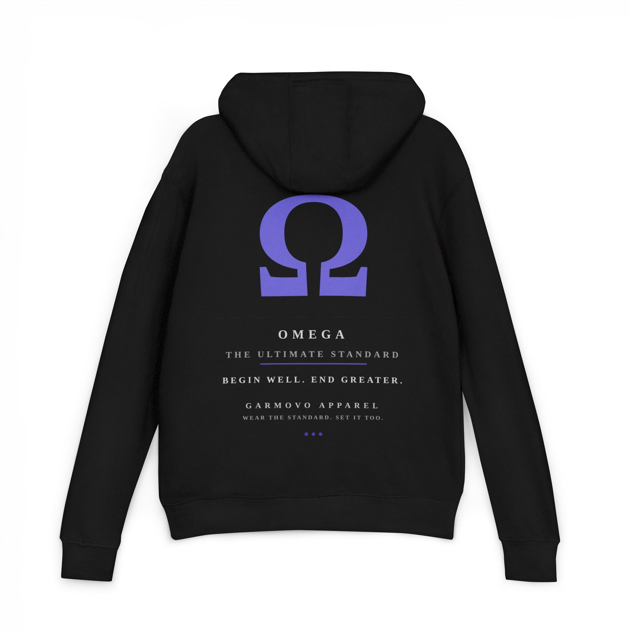 "OMEGA - Begin and End Greater" typographic hoodie | Inspirational text back print